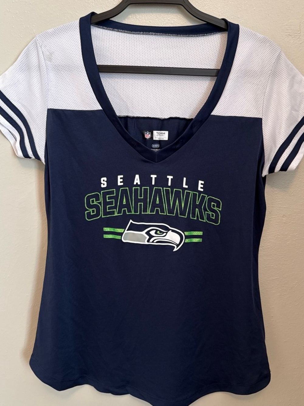NFL Seattle Seahawks Navy, White & Green V-Neck Fan Tee